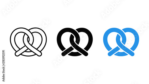Set of pretzel icons, including line art, solid black, and blue versions, representing traditional baked snacks, vector illustration