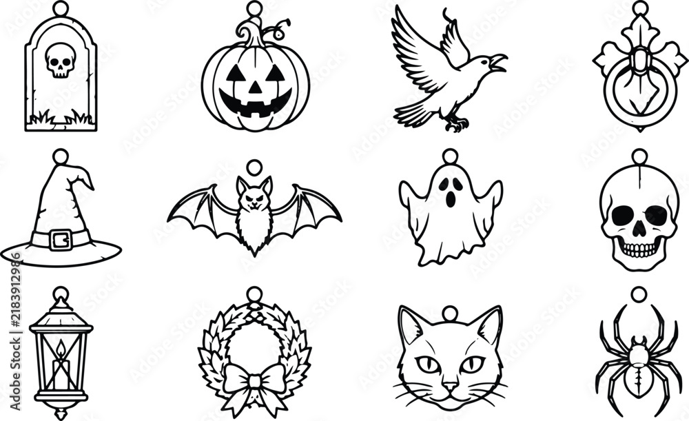 Obraz premium Halloween charm icon set with spooky symbols and characters