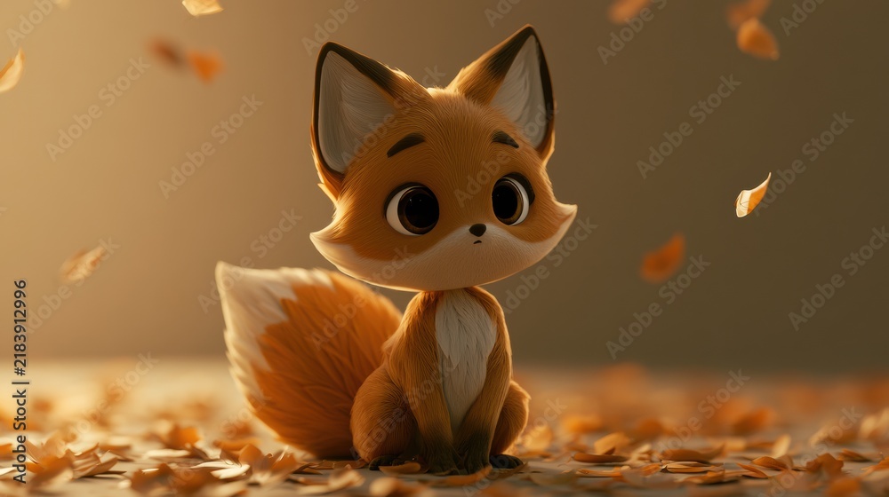Obraz premium A fox character with big eyes plays joyfully in a pile of leaves under warm light during autumn. There is space around the character.
