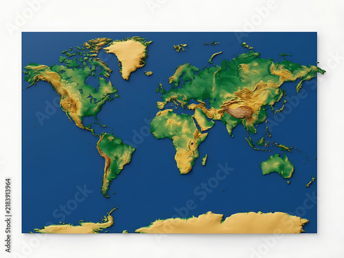 Equal-Area World Map – Minimalist Blue Ocean with Green and Golden-Tan Landmasses