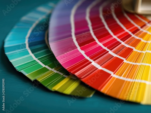 Open color swatch guide fans on teal background top view