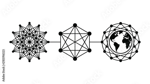 Abstract geometric shapes illustrate worldwide networks and the interconnectedness of earth through modern technology and digital communication systems