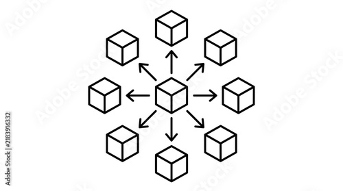 A conceptual illustration featuring interconnected cubes symbolizing network connections data flow and representing a complex system with directional arrows