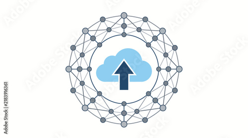 An abstract geometric network design features a prominent central arrow pointing upward symbolizing growth connection and innovative forward thinking concepts