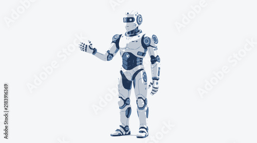 Futuristic humanoid robot with a complex skeletal structure stands against a plain white background showcasing advanced technology