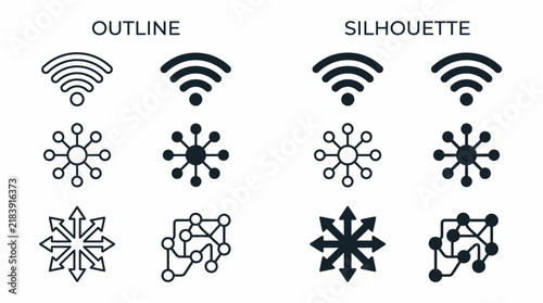 A set of wireless network and data exchange icons presented in both outline and silhouette styles for various technology related concepts and