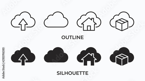 Collection of cloud storage icons shown in both outline and solid styles for data transfer and home network security concepts