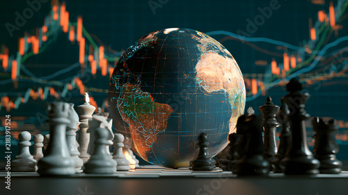 A globe surrounded by chess pieces and financial trading charts, commonly used as a visual metaphor for global geopolitics, international strategy, and economic competion concept