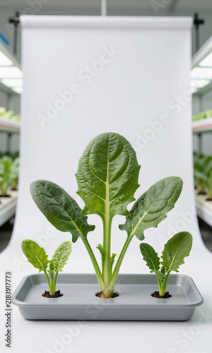 large spinach leaves various stages growth clean grey tray soft diffused studio lighting centered modern vertical farm
