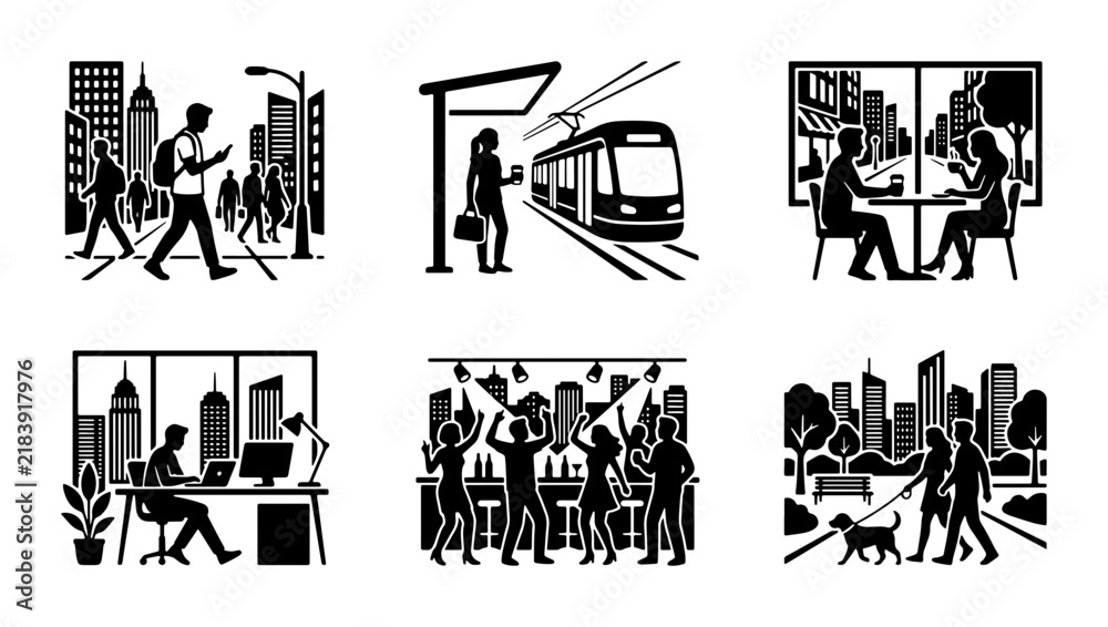 Fototapeta premium Urban Lifestyle Icons: City Scenes, People, Transit, Office, Nightlife, Park