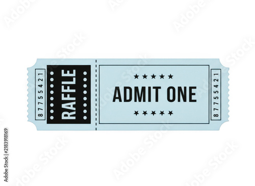 A single light blue raffle ticket with black text for admit one entry to a fun event or cinema show design