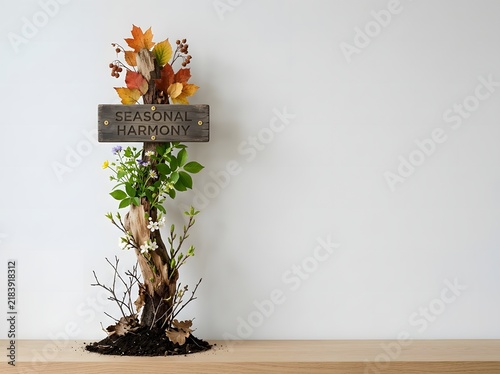 Decorative vertical wooden post with Seasonal Harmony sign, depicting seasonal transitions from winter twigs to spring blossoms, summer green leaves, and autumn colorful foliage.