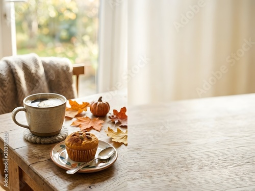 Cozy autumn breakfast scene featuring a steaming cup of coffee, pumpkin spice muffin, dried maple leaves, and a mini pumpkin on a rustic wooden table with bright copy space.