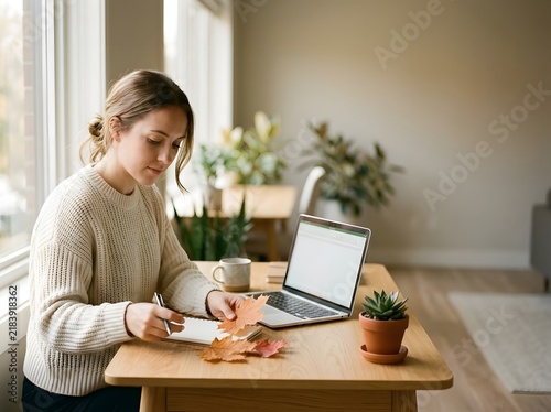 Focused young woman working at a wooden desk with a laptop and notebook, holding autumn leaves in a bright home office interior with large windows and indoor plants.