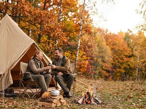 Happy couple laughing while sitting in chairs outside a canvas bell tent at an autumn campsite. A small campfire burns in the foreground against a backdrop of colorful fall forest trees.