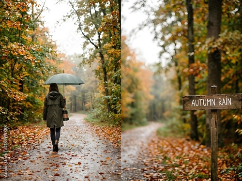Rear view of a woman in a dark raincoat holding a green umbrella walking on a wet forest path covered in autumn leaves beside a wooden signpost reading Autumn Rain.