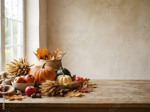 Rustic autumn harvest still life featuring pumpkins, red apples in a bowl, wheat sheaves, and fall leaves on a wooden table near a window with a neutral textured wall background.