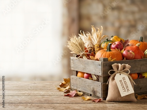 Rustic wooden crate filled with autumn harvest pumpkins, squash, red apples, and corn on a wooden table next to a burlap sack with a seasonal bounty tag and fall leaves.