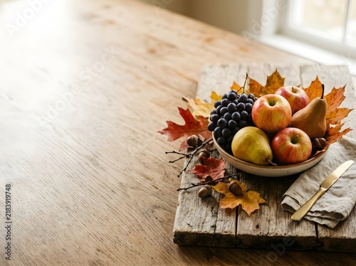 Seasonal autumn fruit arrangement with red apples, yellow pears, and purple grapes in a ceramic bowl on a rustic wood board with fall leaves and acorns on a light wooden table.