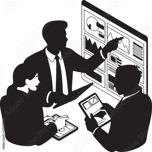 Business team collaborating on data analytics during a meeting with charts on a screen