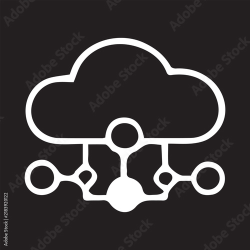 Cloud network diagram with nodes and connections in white outline on black background