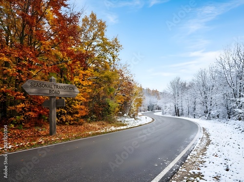 Winding asphalt road through a forest showing a seasonal transition from autumn foliage on the left to a snowy winter landscape on the right with a wooden directional signpost.