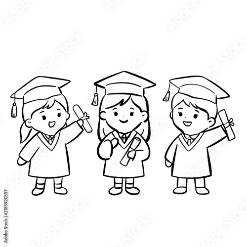 Black and White Line Art of Three Graduation Students with Diplomas
