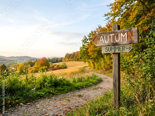 Wooden signpost with autumn and summer directional arrows standing beside a dirt path in a rural landscape with changing fall colors and rolling green hills under a bright sky.