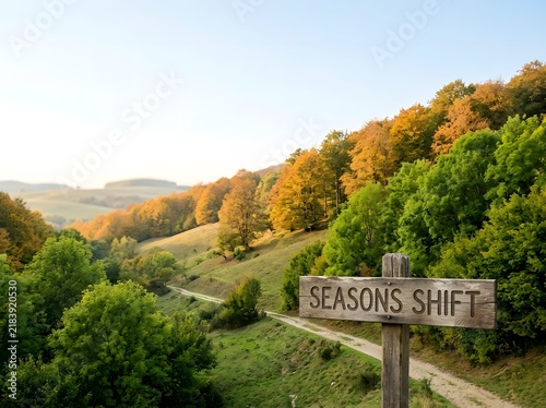 Wooden signpost with text Seasons Shift in a rural hilly landscape featuring a winding dirt path and trees transitioning from summer green to autumn yellow colors under a clear sky.