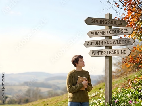 Young woman holding a notebook and looking at a wooden directional signpost with labels for Spring Skills, Summer Courses, Autumn Knowledge, and Winter Learning in a rural landscape.