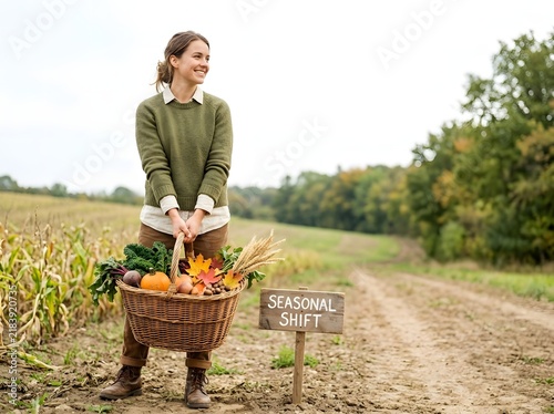 Young woman in green sweater holding a wicker basket of fall produce including pumpkin and kale, standing by a SEASONAL SHIFT wooden sign on a farm path during autumn harvest.