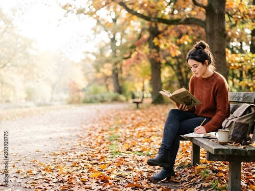 Young woman sitting on a wooden park bench in autumn reading a botany book and taking notes in a notebook, surrounded by golden fallen leaves and sun-drenched trees in a quiet park.