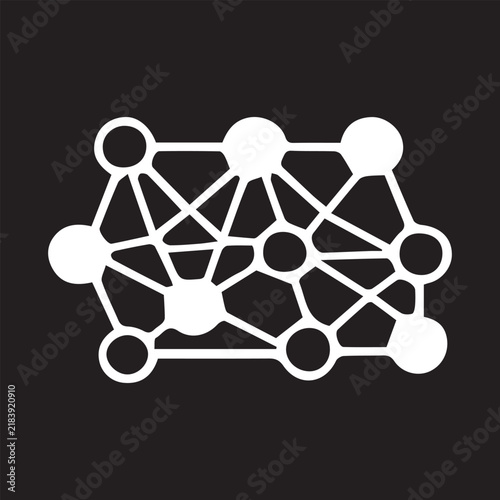 White interconnected nodes network graphic on black background symbolizing digital connection and data flow
