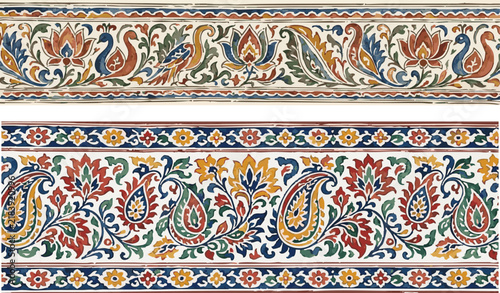Watercolor ilustrated Kalamkari Borders collection isolated on white