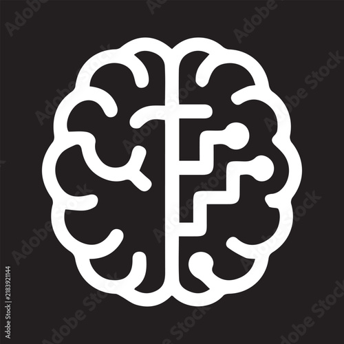 White stylized brain with circuit board pattern on dark background representing technology and intellect