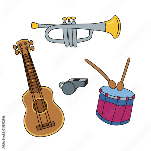 Set of traditional carnival musical instruments with small guitar, trumpet, drum and whistle isolated on white background. Hand drawn vector clip art