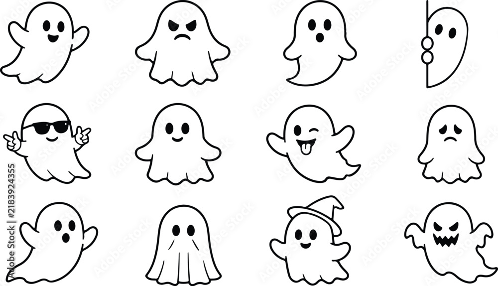 Fototapeta premium Set of cute cartoon ghosts with various facial expressions