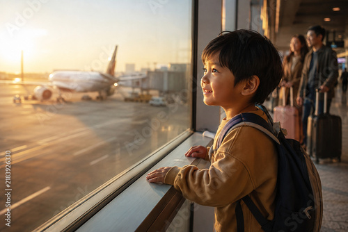 A Child's Wonder at the Airport: A young boy, backpack on, gazes out a large airport window at an airplane bathed in the warm, golden light of sunrise or sunset.