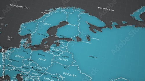 Animated political map showing the location of Finland in Northern Europe. The camera gradually approaches the country, bringing Helsinki, neighboring states, national borders, the Baltic region, and 