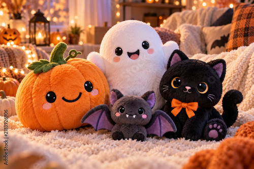 Spooky Season Friends: A cute and cuddly collection of Halloween plush toys, featuring a pumpkin, ghost, bat, and black cat, are arranged for a festive seasonal display.