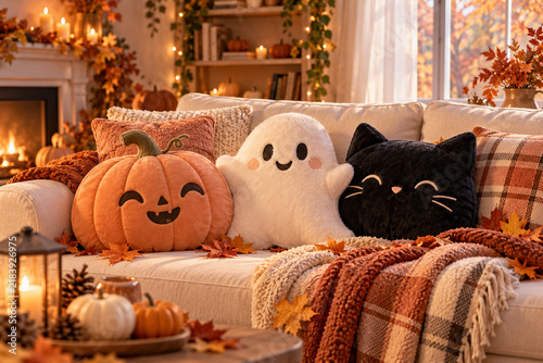 Cozy Halloween Abode: A warm and inviting living room decor with a plush pumpkin pillow, a cute ghost plush, and a charming black cat pillow on a sofa adorned with autumnal throws and fall leaves.