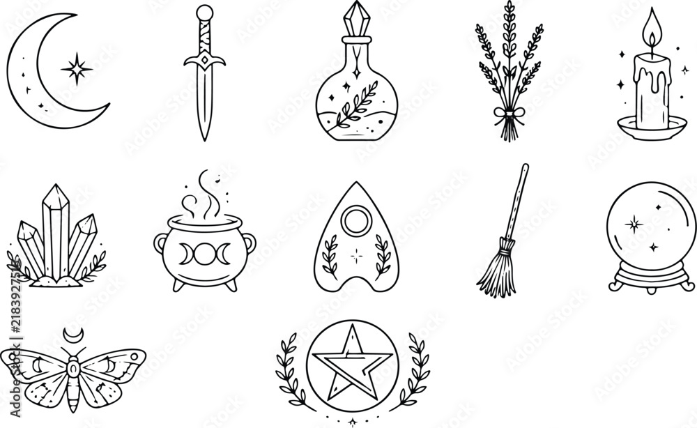 Fototapeta premium Witchcraft and magic icon set with mystical occult symbols