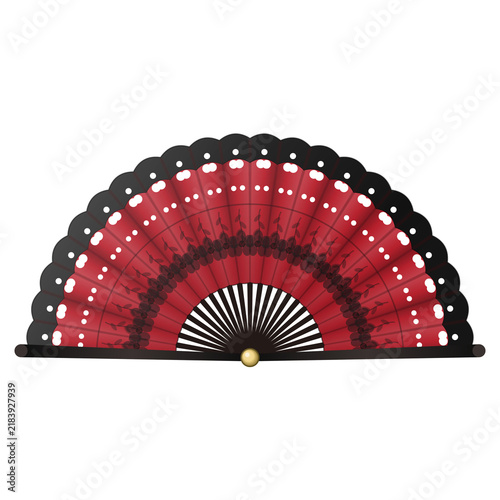 Fotografie Spanish flamenco hand fan in red and black with lace border, open, isolated on t
