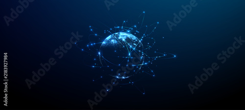 Digital world globe with glowing network connections, orbital lines and illuminated dots isolated on dark blue background. Futuristic global internet and communication technology concept. Vector 