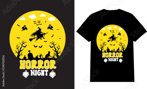 Horror Night Halloween Typography T-Shirt Design with Haunted Witch, Ghosts and Spooky Graveyard Vector Illustration