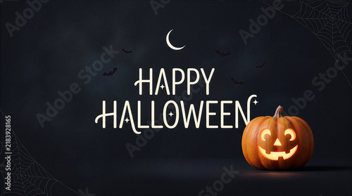 Happy Halloween Typography with Carved Pumpkin and Bats
