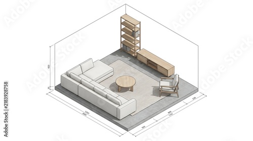 Isometric modern living room interior design with contemporary furniture and minimalist decor
