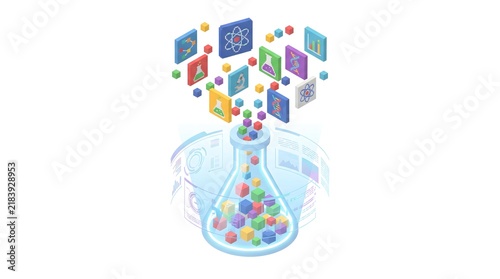 Scientific research and innovation concept with colorful icons emerging from lab flask
