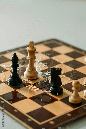 Chess pieces on a wooden chessboard with water splashes during an intense strategic game