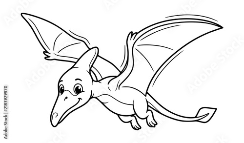 Bild auf Leinwand Cartoon pterodactyl dinosaur flying with wings spread, black and white line art